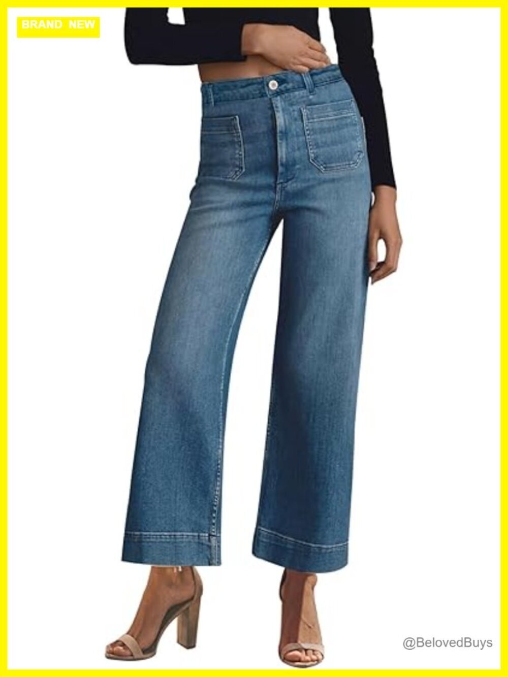 High Waisted Wide Leg Stretchy Denim Jeans with Pockets 26" Inseam